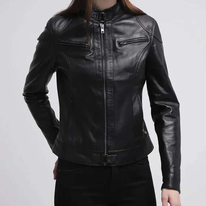 Callie Black Leather Cafe Racer Jacket