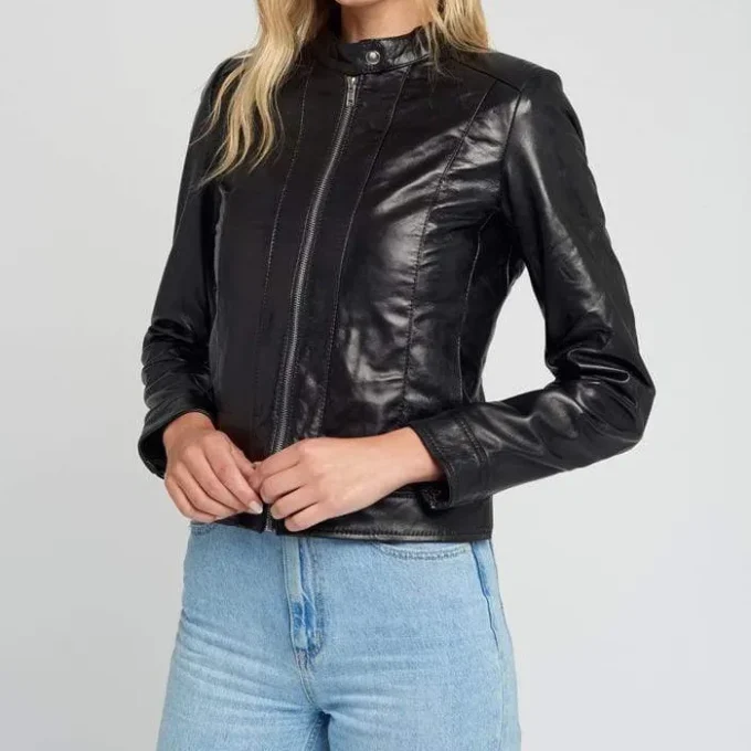 Womens Jami Classic Black Cafe Racer Leather Jacket