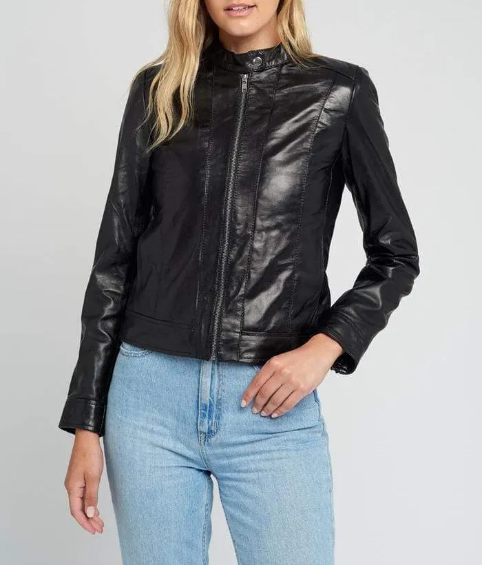 Womens Jami Classic Black Cafe Racer Leather Jacket