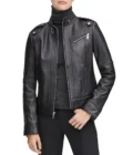 Moto Black Stand Collar Biker Leather Jacket