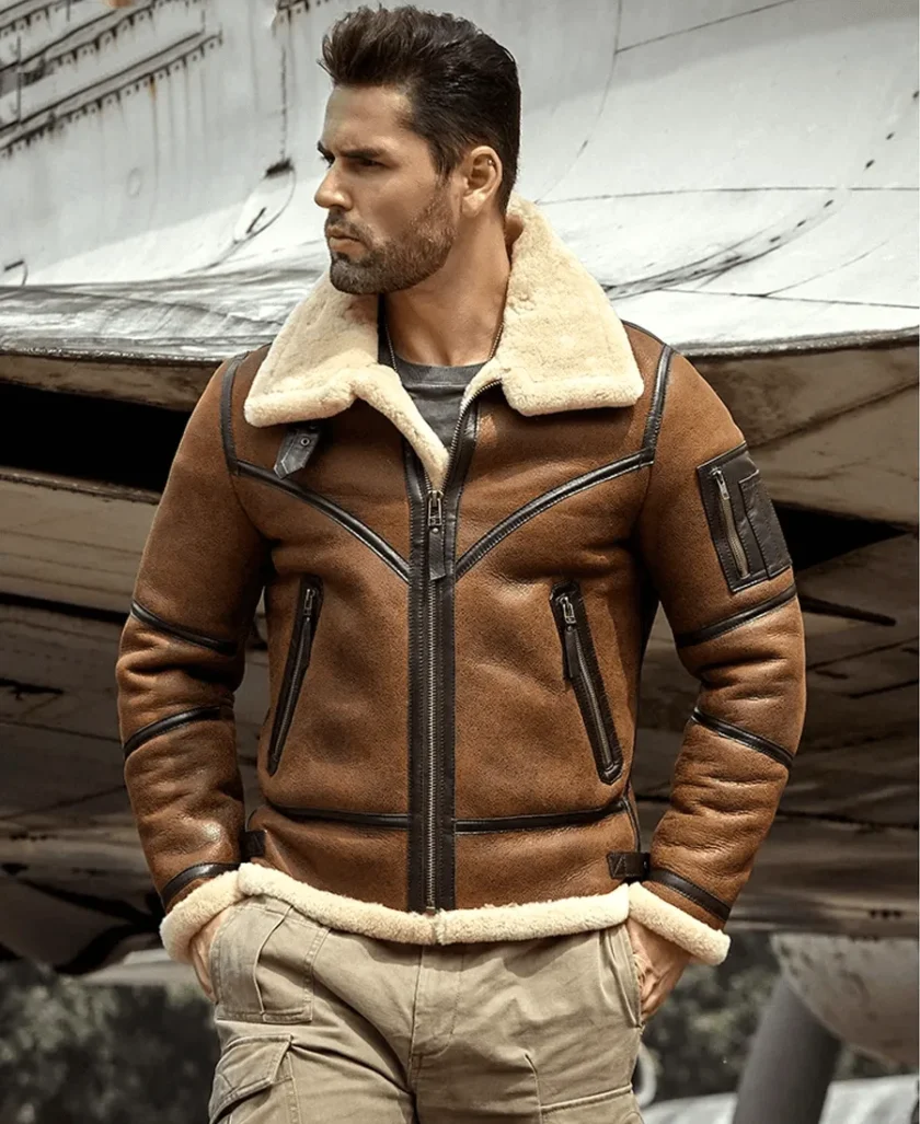 Mens Shearling B3 Bomber Flight Aviator Sheepskin Leather Jacket