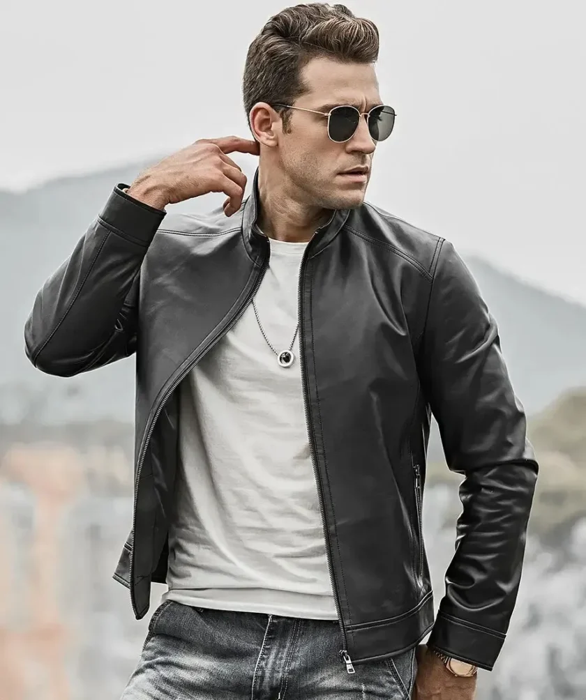 Mens Classic Black Real Leather Moto Jacket