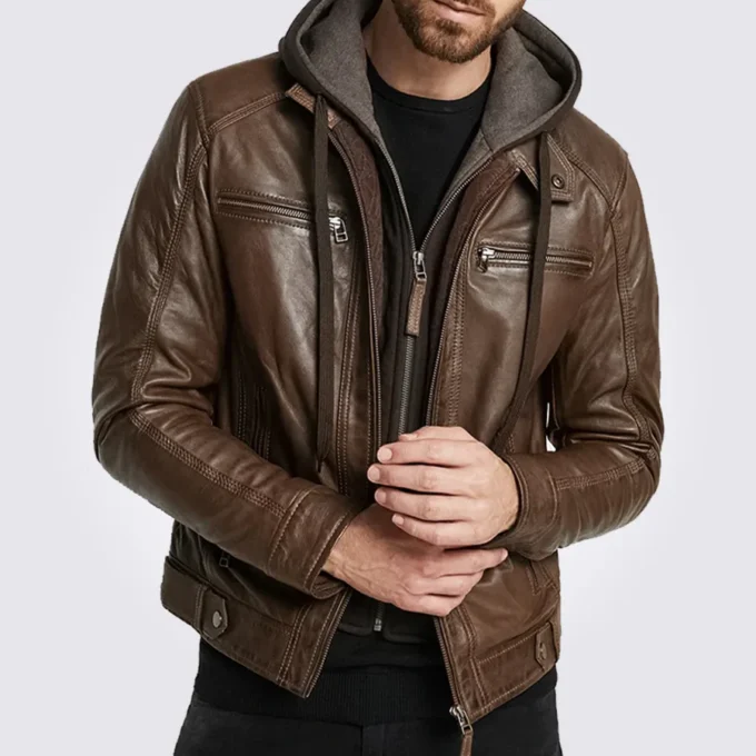 Eric Dark Brown Hooded Motorcycle Leather Jacket