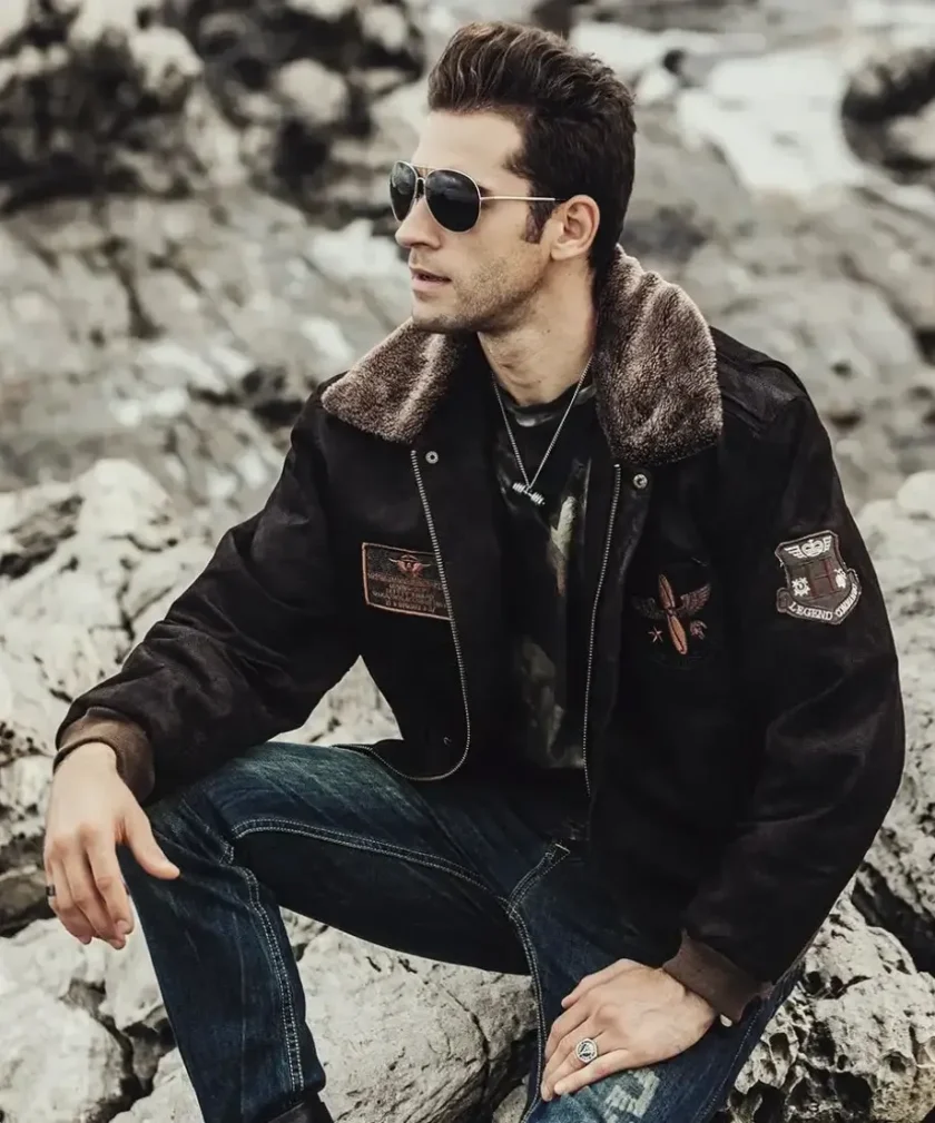 Mens Dark Brown Aviator Bomber Leather Jacket with Fur collar