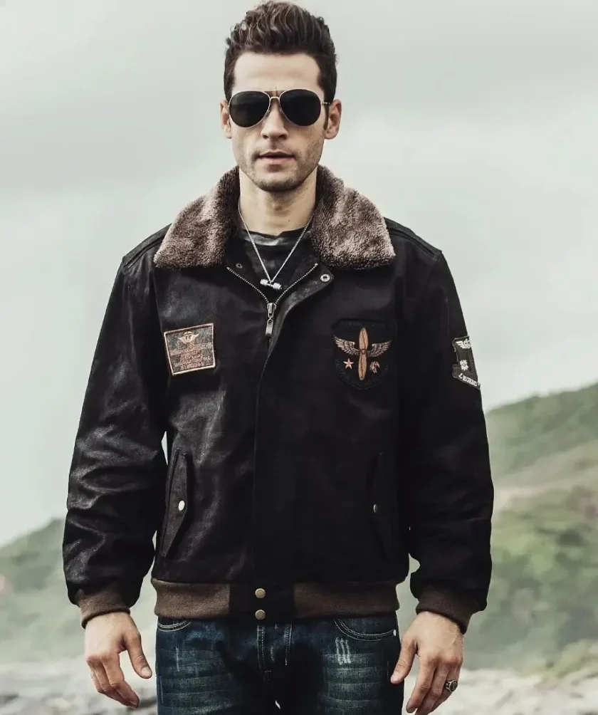 Mens Dark Brown Aviator Bomber Leather Jacket with Fur collar