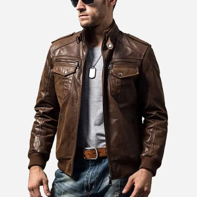 Men's Brown Bomber Leather Jacket with Rib Collar