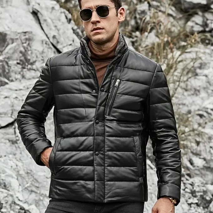 Seattle Men’s Lambskin Leather Puffer Jacket with Removable Fur Collar