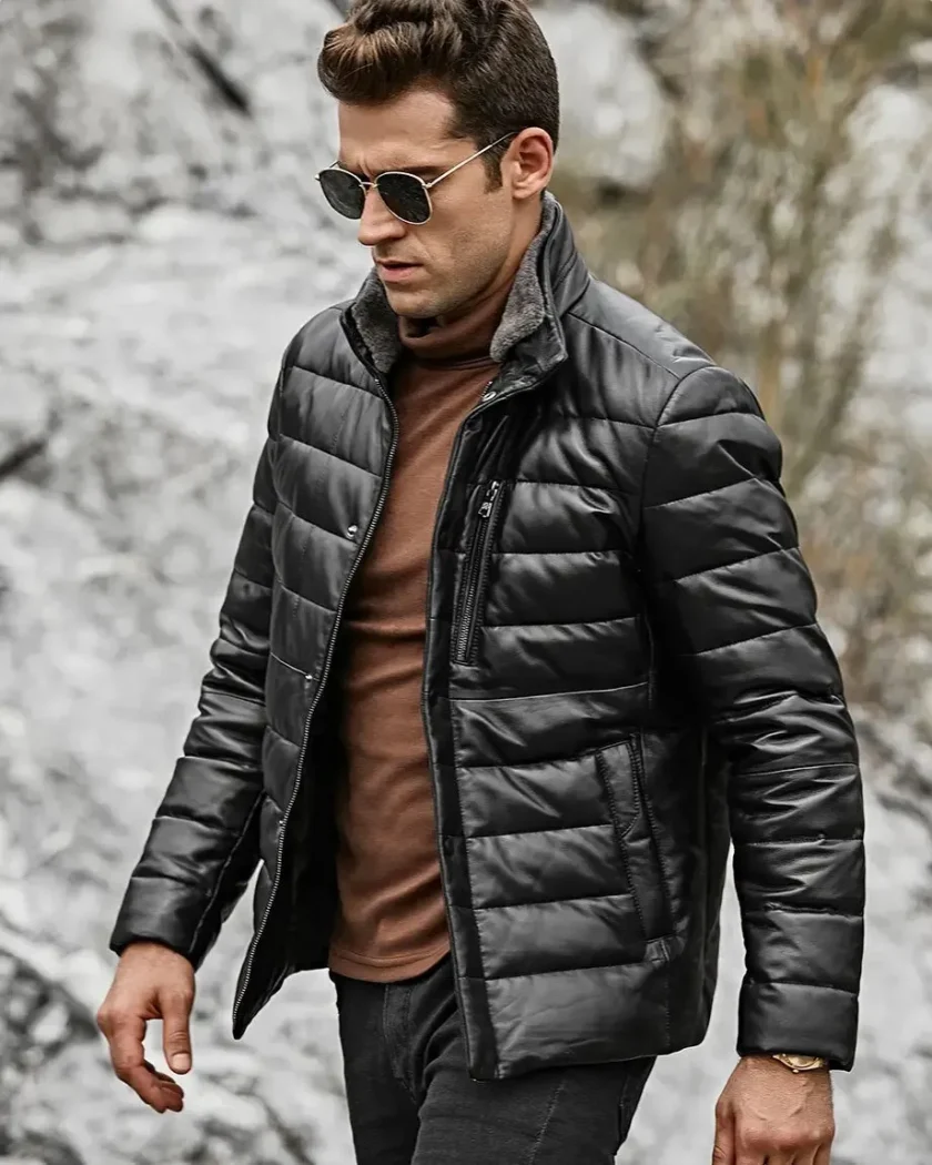 Seattle Men’s Lambskin Leather Puffer Jacket with Removable Fur Collar