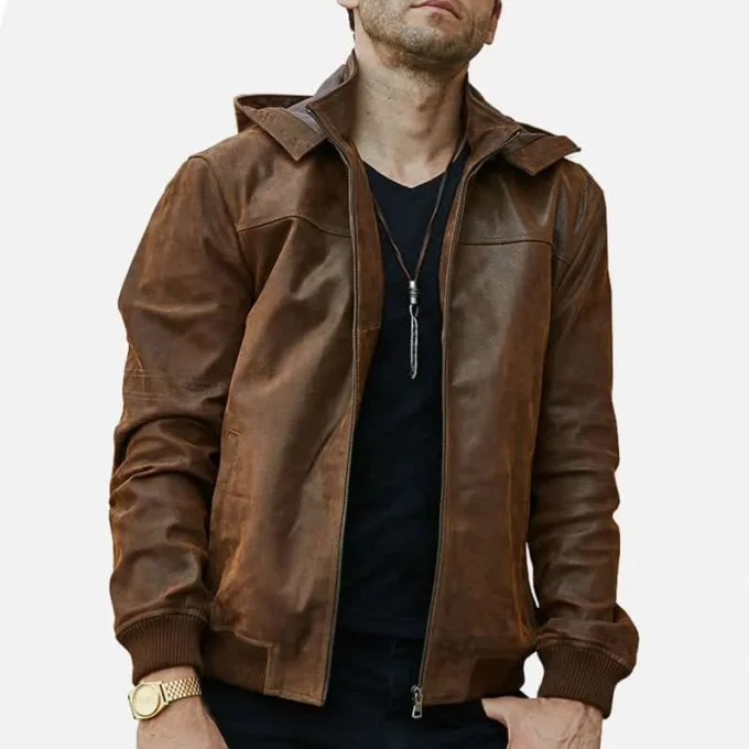 Men's Motorcycle Bomber Leather Jacket With A Hood