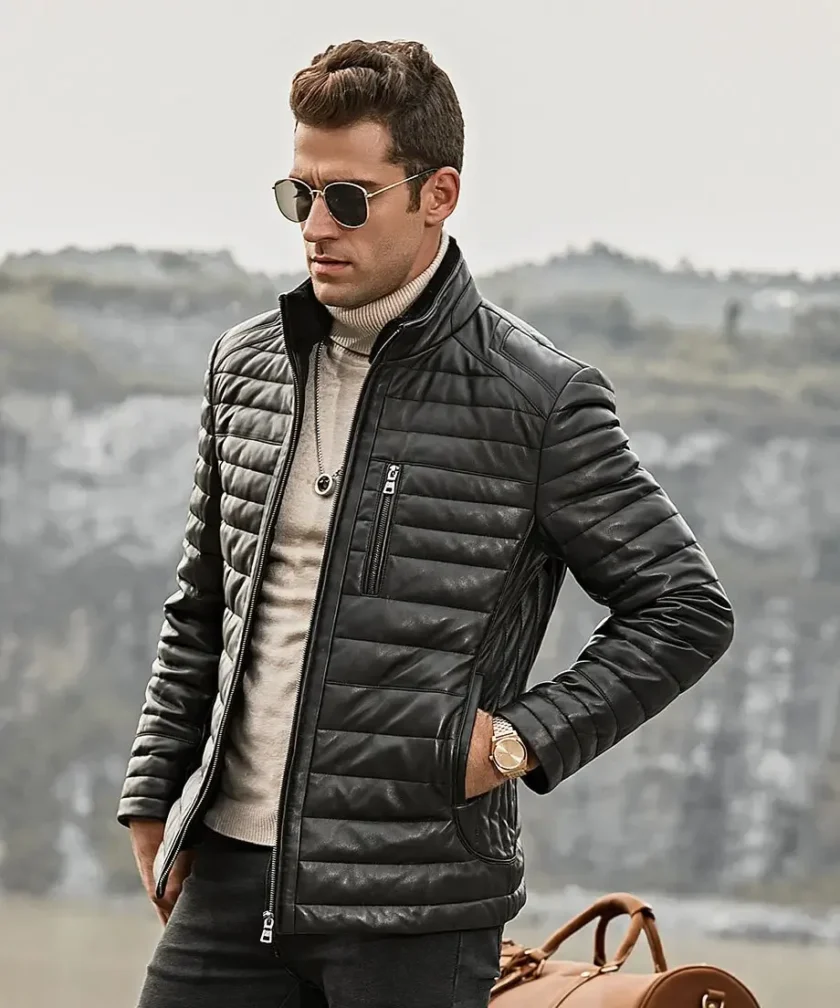 Seattle Men’s Leather Puffer Jacket with Fur collar