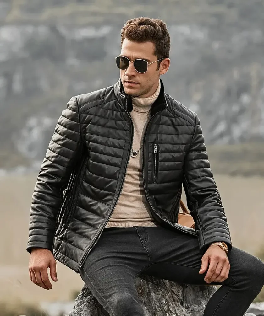 Seattle Men’s Leather Puffer Jacket with Fur collar