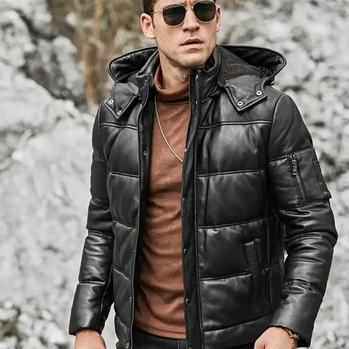 St. Louis Men’s Leather Puffer Jacket Removable Hooded