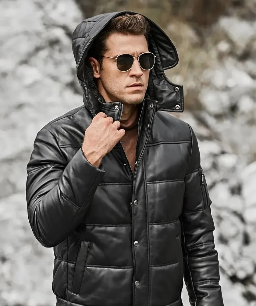 St. Louis Men’s Leather Puffer Jacket Removable Hooded