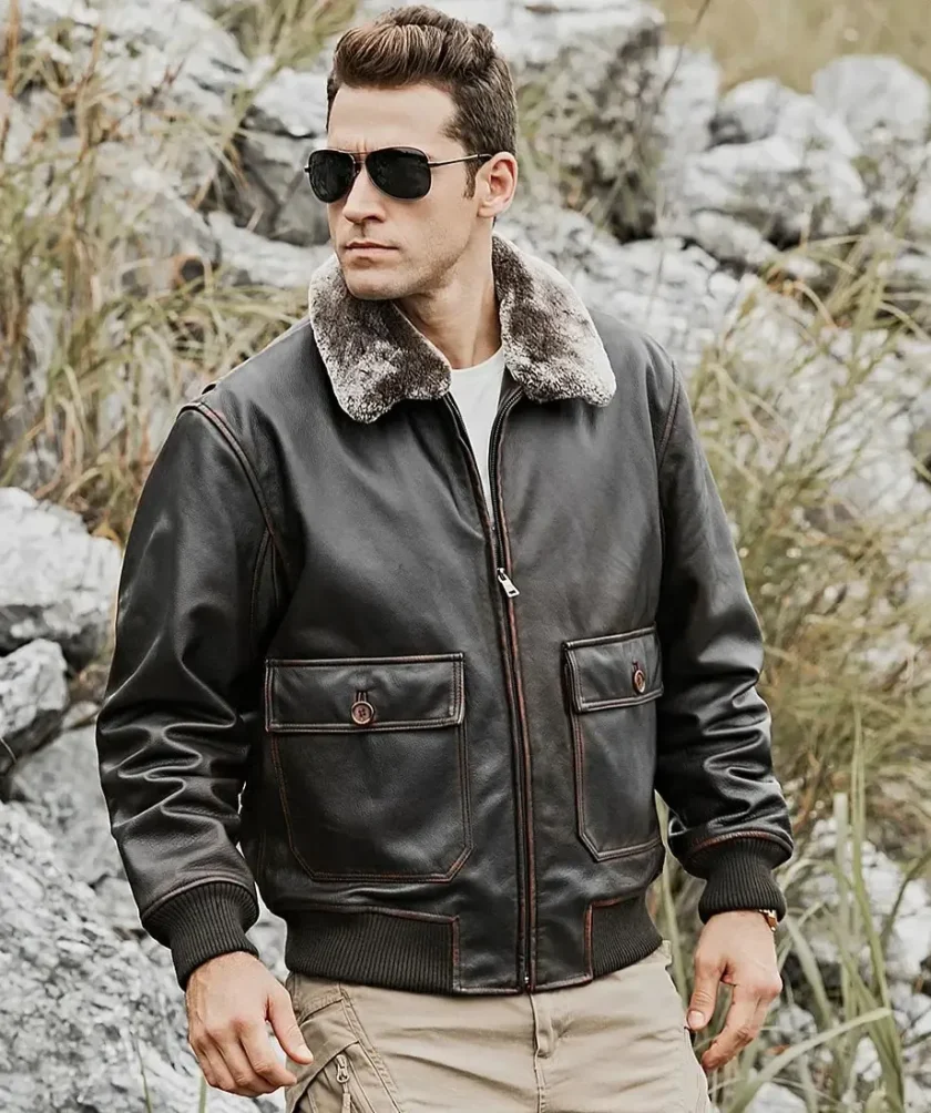 Tom Mens Aviator Bomber Real Cowhide Leather Jacket with Shearling Collar