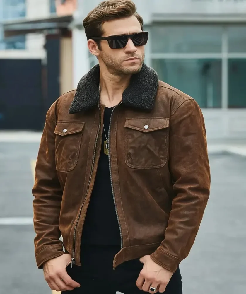 Men's Brown Faux Shearling Sheepskin Leather Jacket