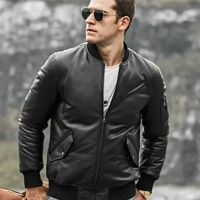 Austin Men’s Black Bomber Real Lambskin Leather Jacket