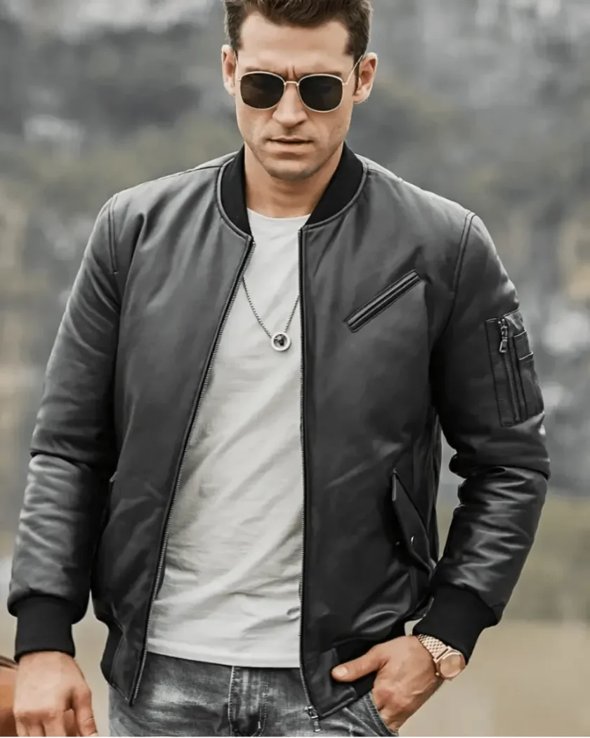 Austin Men’s Black Bomber Real Lambskin Leather Jacket