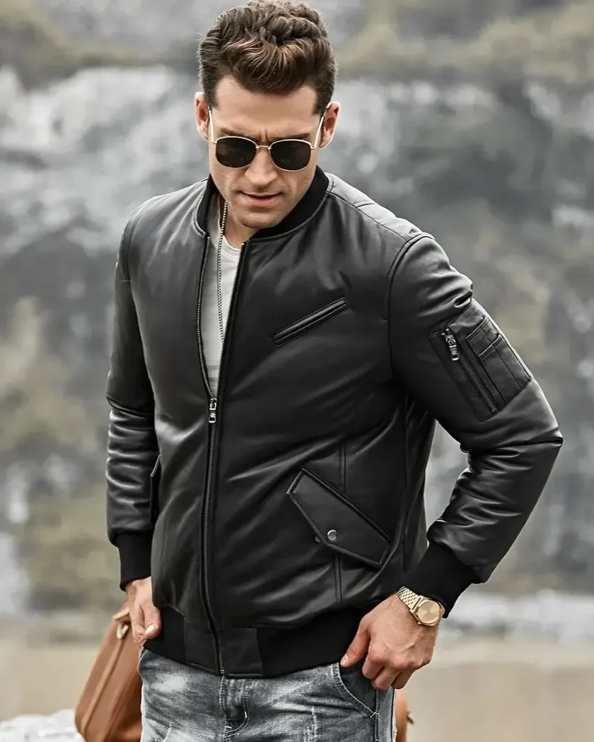 Austin Men’s Black Bomber Real Lambskin Leather Jacket