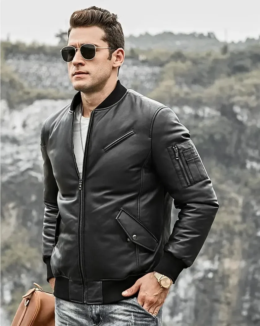 Austin Men’s Black Bomber Real Lambskin Leather Jacket