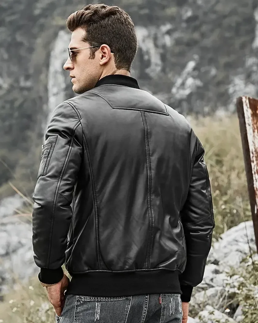 Austin Men’s Black Bomber Real Lambskin Leather Jacket