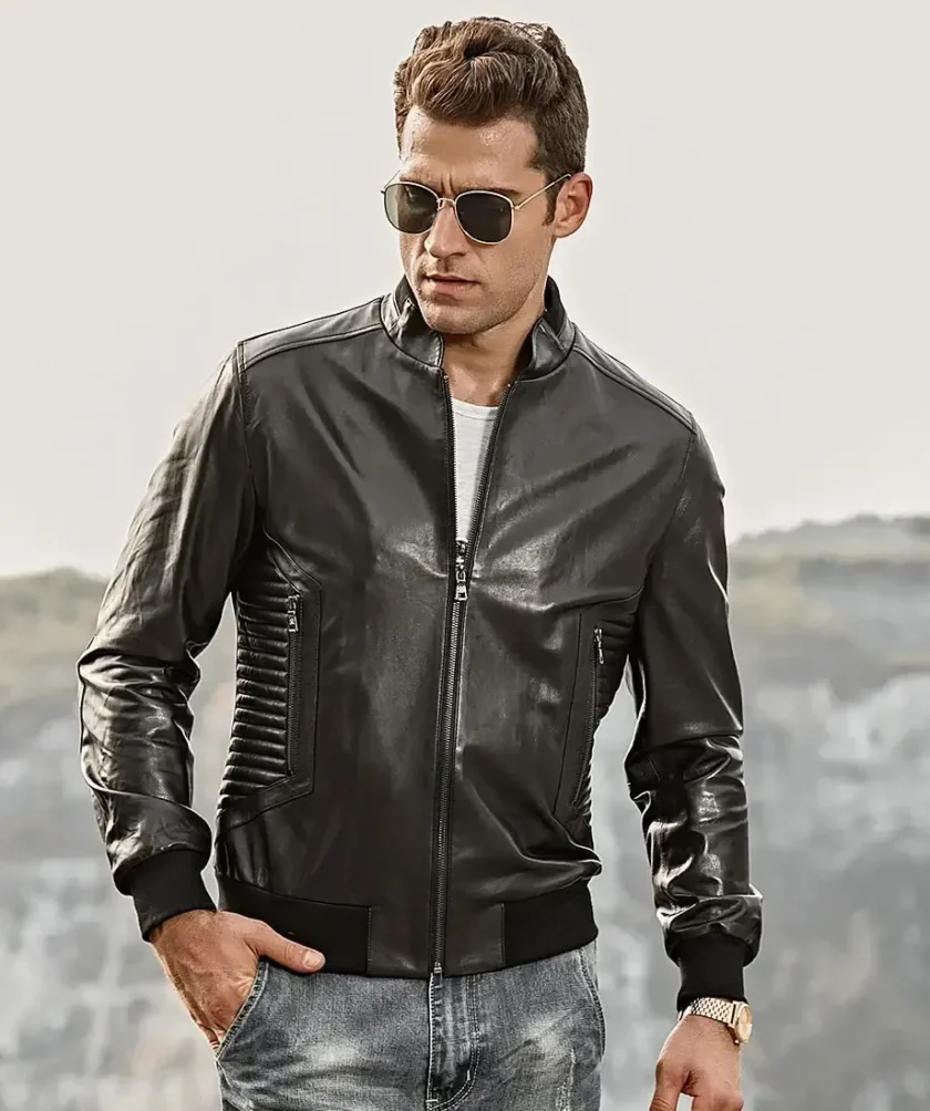 Tucson Mens Stand collar Real Leather Moto Jacket Knit Trim