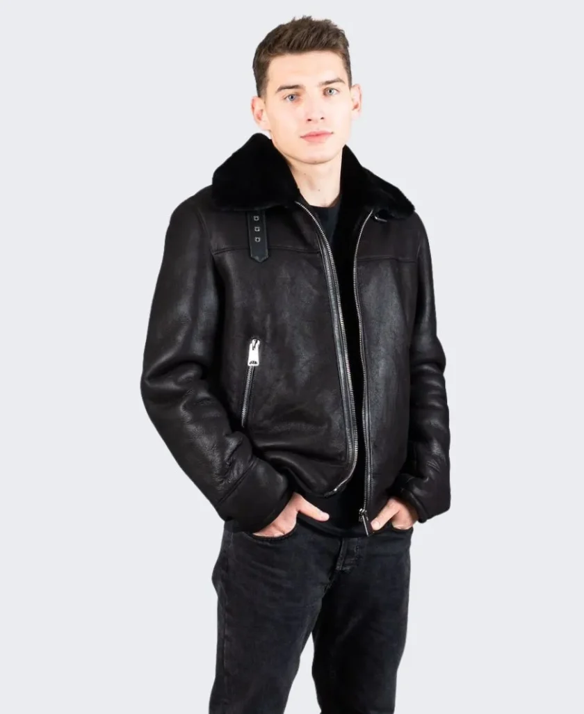 Men LUXURIOUS Jet Black Sheepskin Shearling Leather Jacket