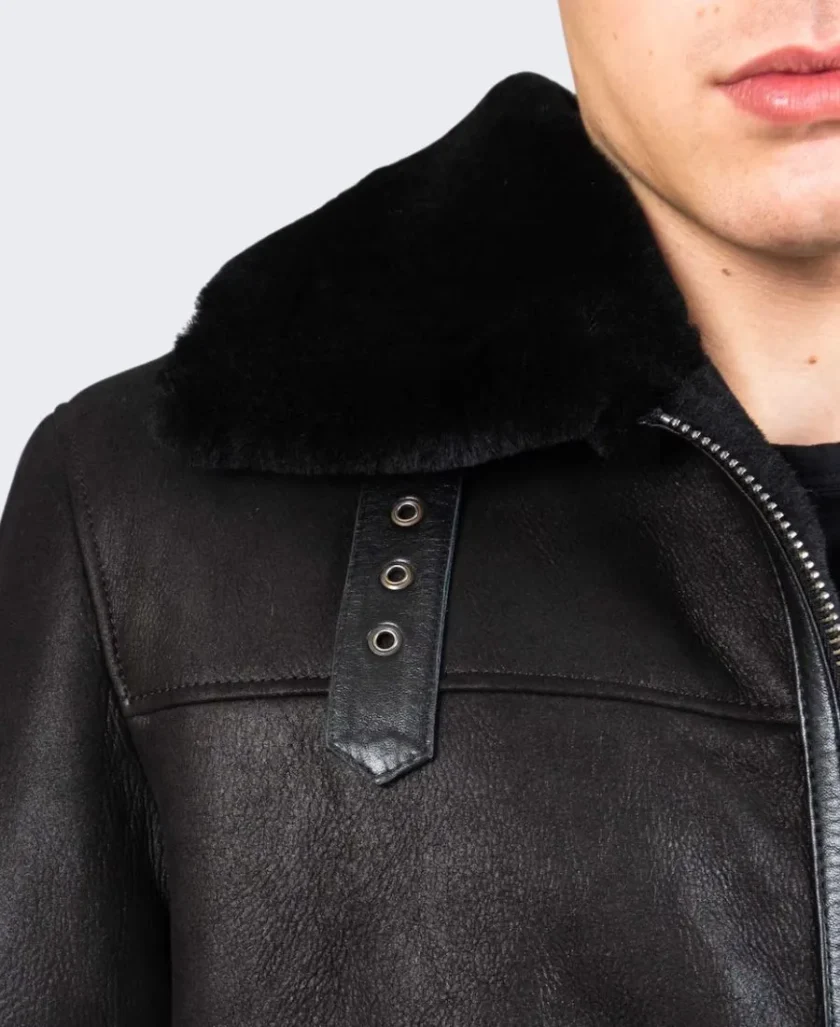 Men LUXURIOUS Jet Black Sheepskin Shearling Leather Jacket