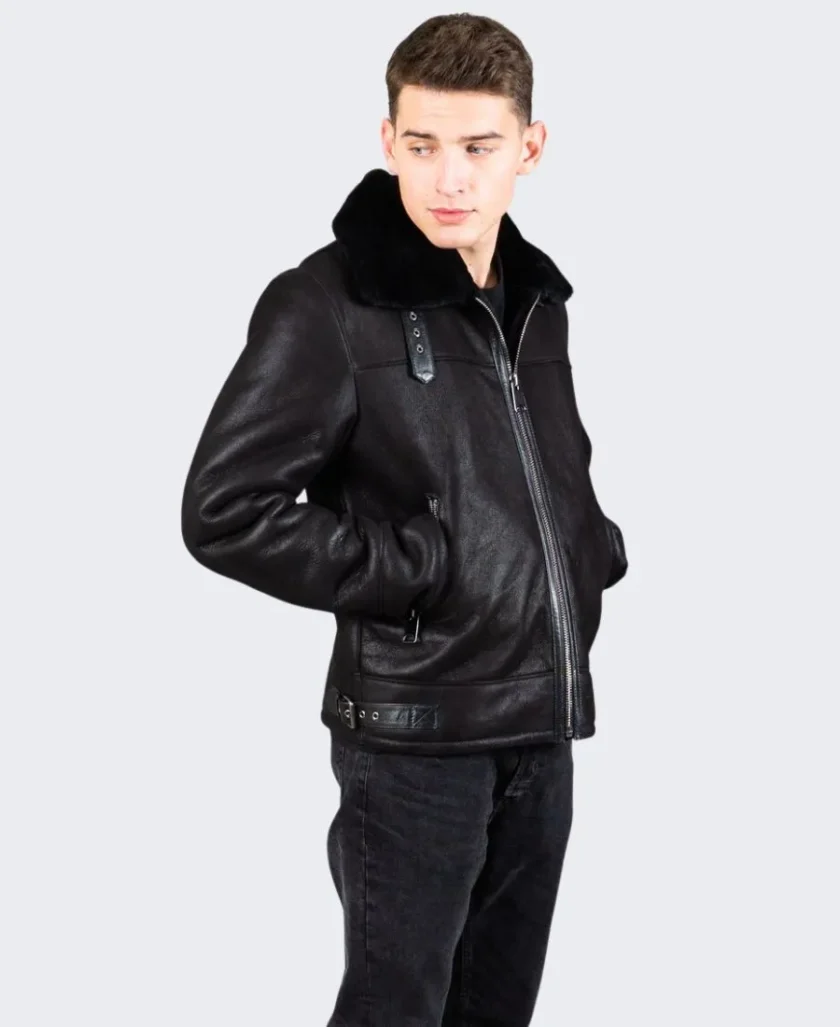 Men LUXURIOUS Jet Black Sheepskin Shearling Leather Jacket