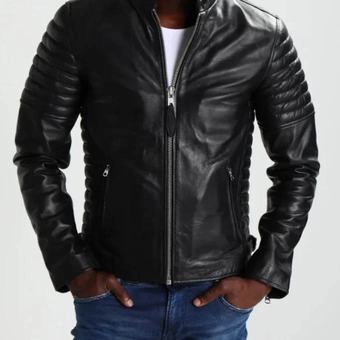 Mens Charcoal Black Leather Cafe Racer Jacket