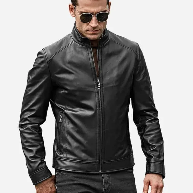 Men’s Real Black Leather Jacket with Short Standing Collar