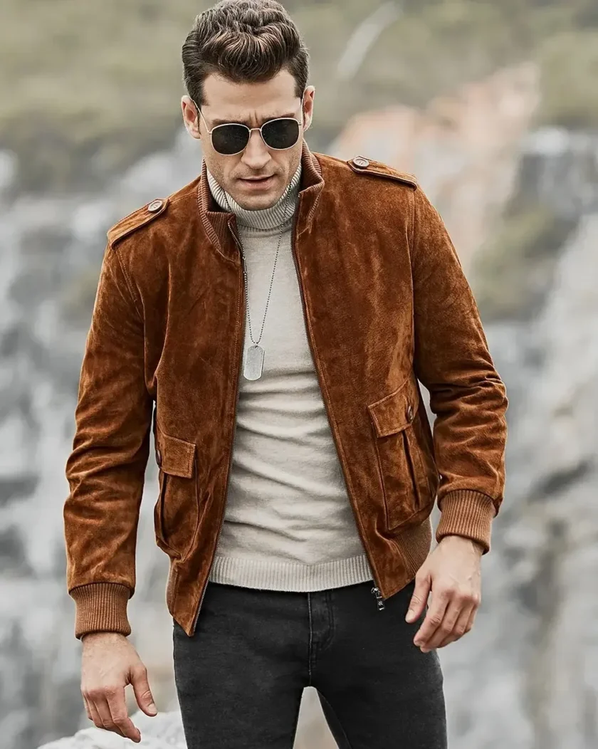 Dallas Mens Stand Rib Collar Brown Bomber Suede Leather Jacket