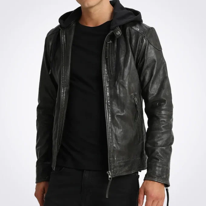 Eric Black Removable Hooded Leather Jacket