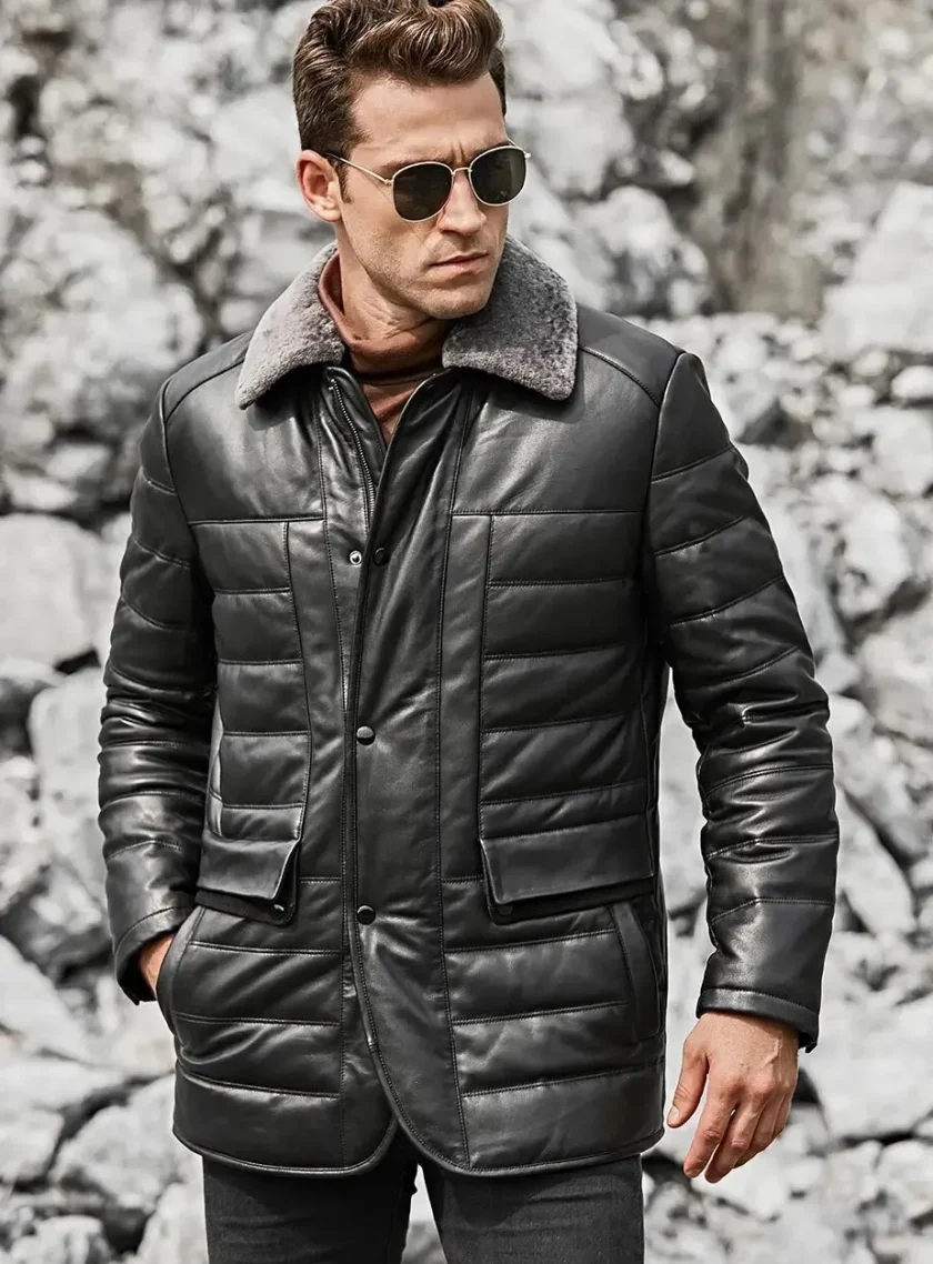 Boston Mens Black Real Leather Puffer Coat with Fur Collar