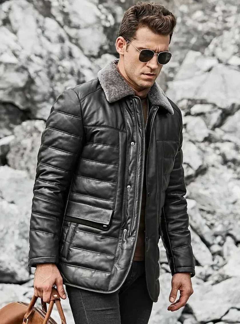 Boston Mens Black Real Leather Puffer Coat with Fur Collar