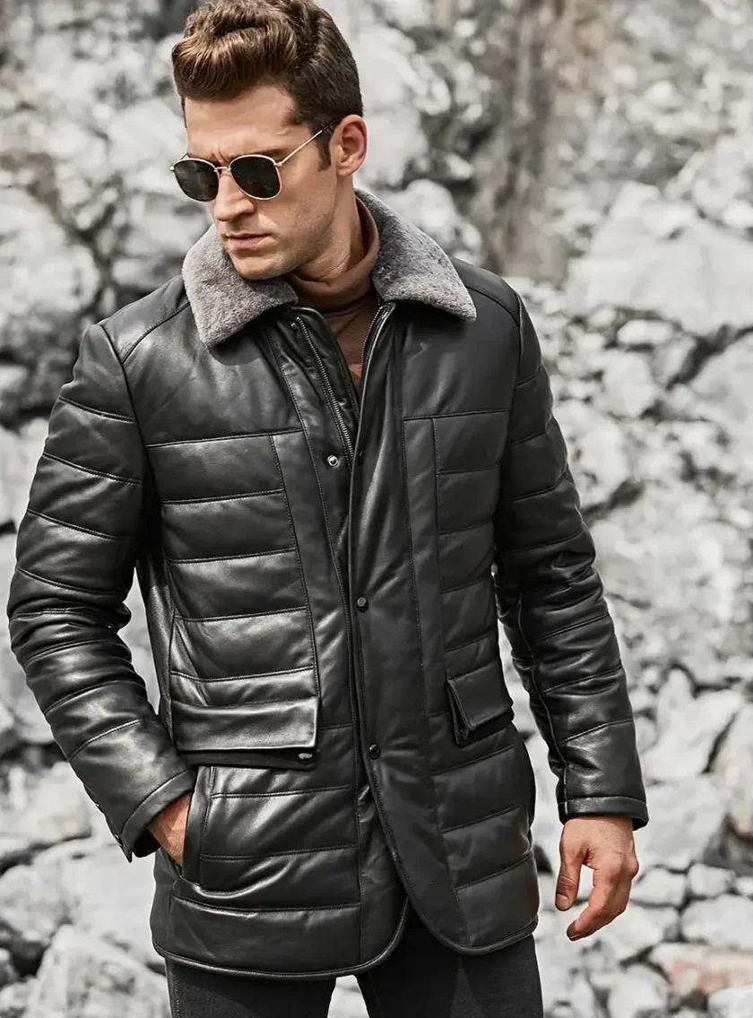 Boston Mens Black Real Leather Puffer Coat with Fur Collar