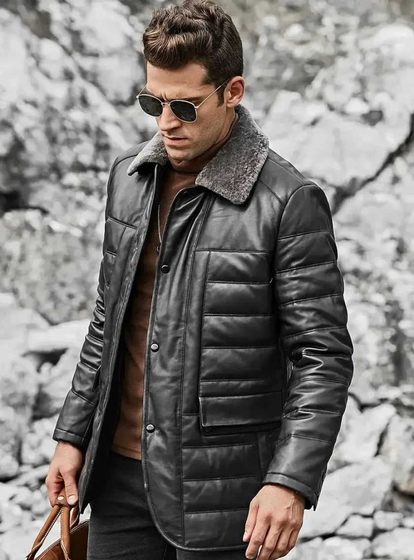 Boston Mens Black Real Leather Puffer Coat with Fur Collar