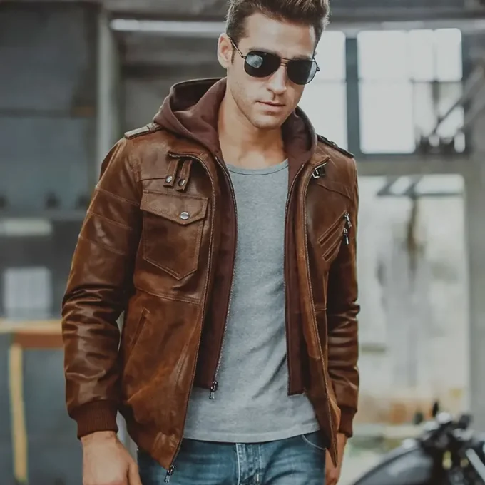 Men's Brown Leather Moto Jacket with Removable Hooded