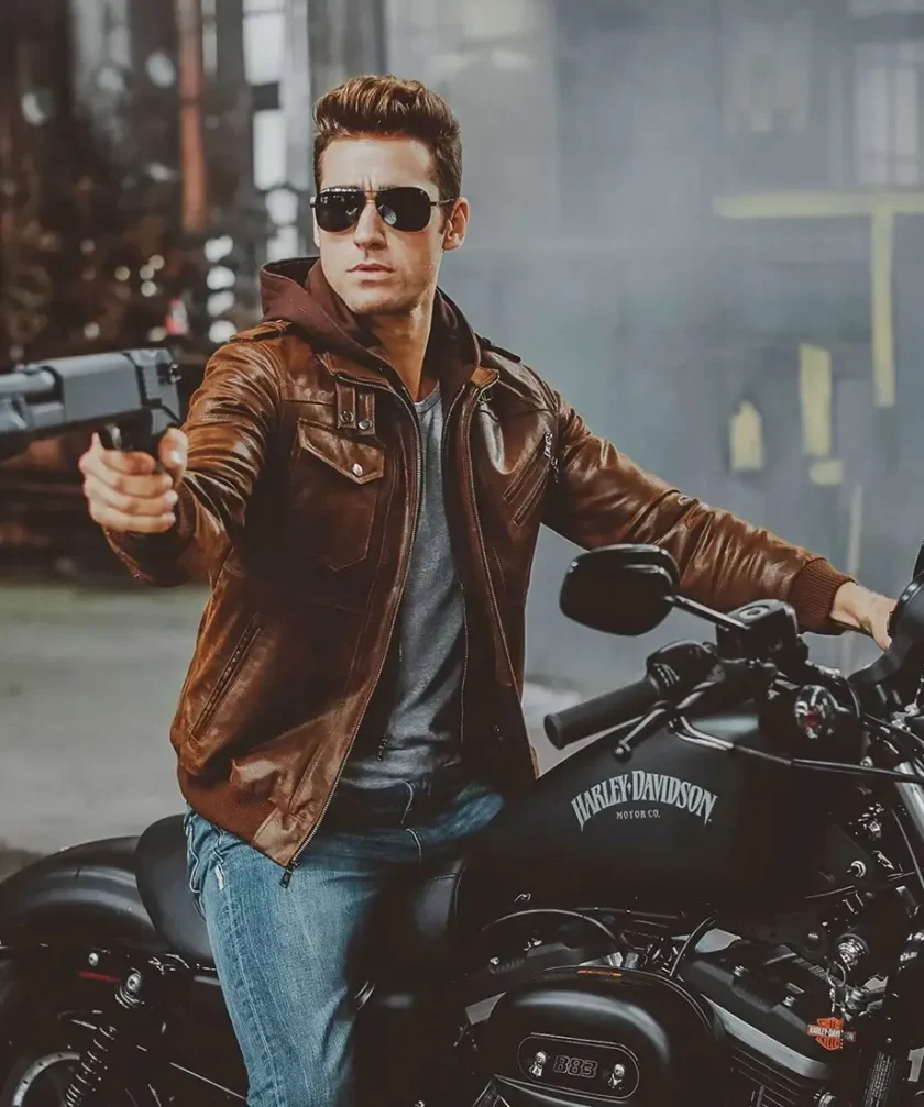 Men's Brown Leather Moto Jacket with Removable Hooded