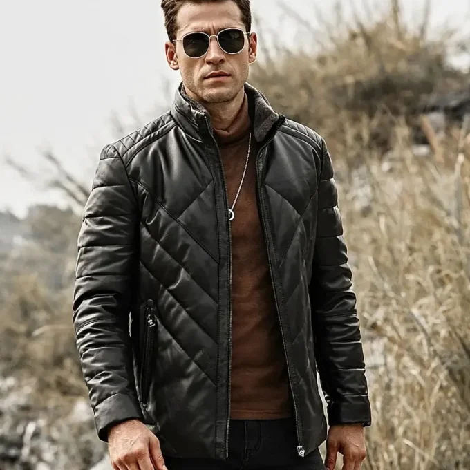 Memphis Men’s Black Real Leather Puffer Coat with removable Fur Collar