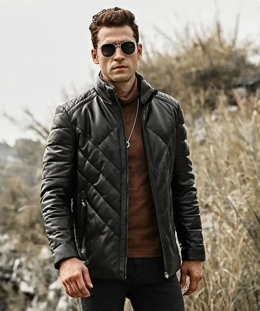 Memphis Men’s Black Real Leather Puffer Coat with removable Fur Collar