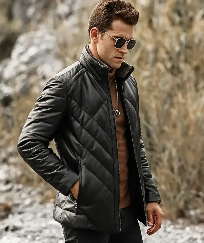 Memphis Men’s Black Real Leather Puffer Coat with removable Fur Collar