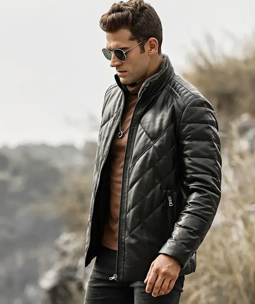 Memphis Men’s Black Real Leather Puffer Coat with removable Fur Collar