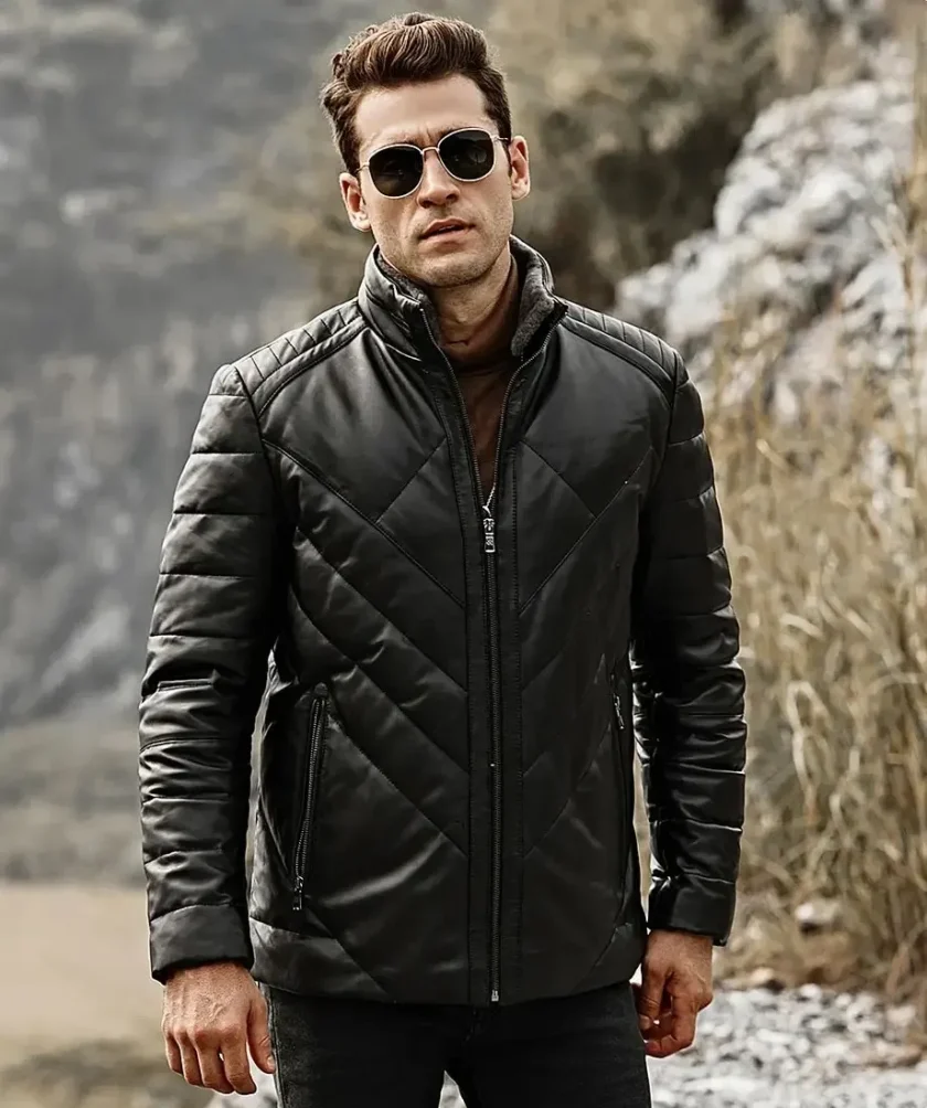 Memphis Men’s Black Real Leather Puffer Coat with removable Fur Collar