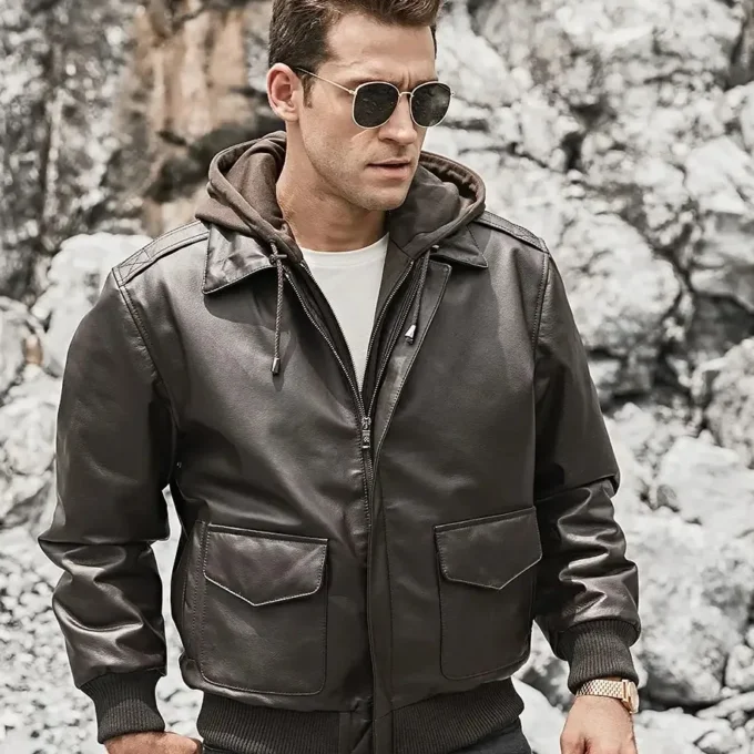 Patrick Air Mens Aviator Brown Hooded Real Leather Bomber Jacket