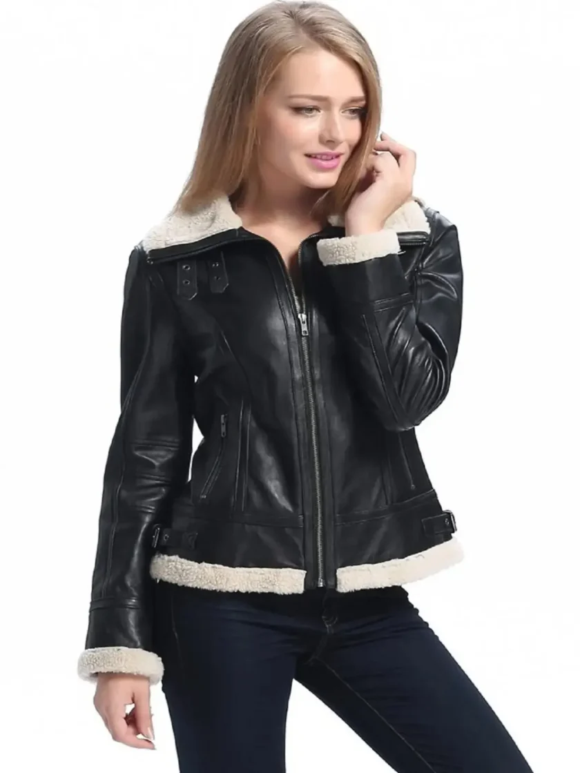 Women B3 Bomber Black Sheepskin Shearling Leather Jacket