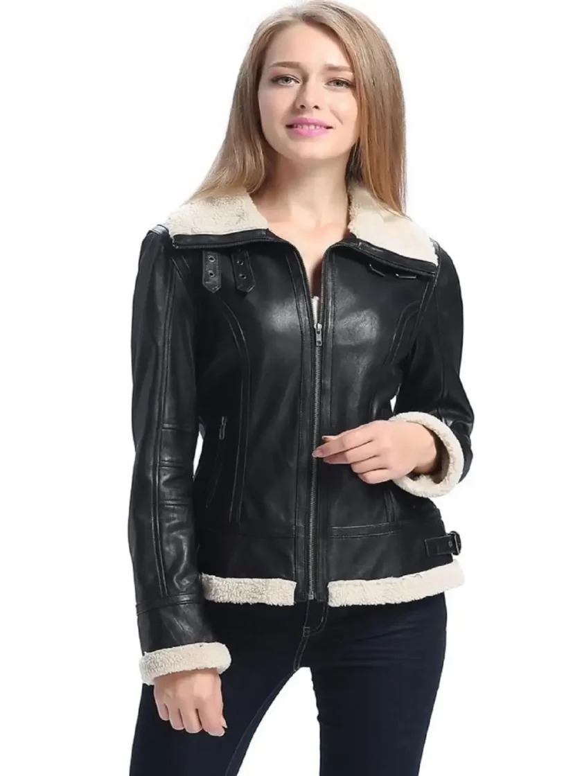 Women B3 Bomber Black Sheepskin Shearling Leather Jacket