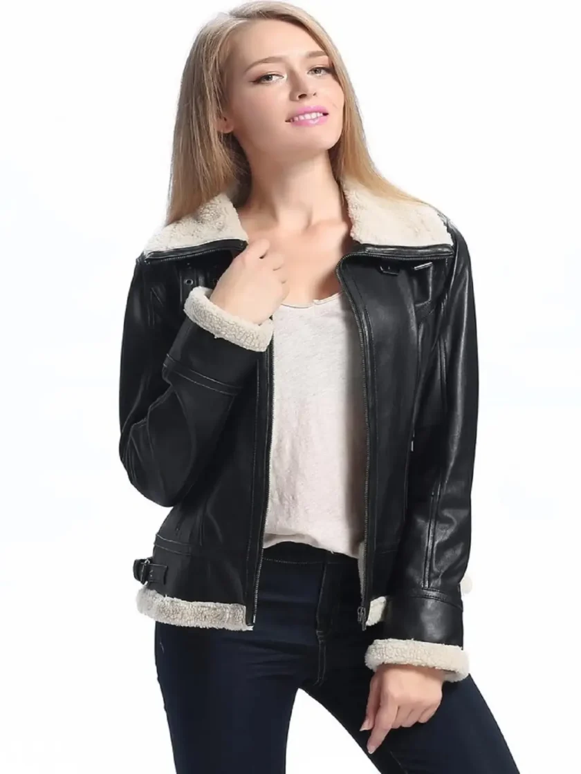 Women B3 Bomber Black Sheepskin Shearling Leather Jacket