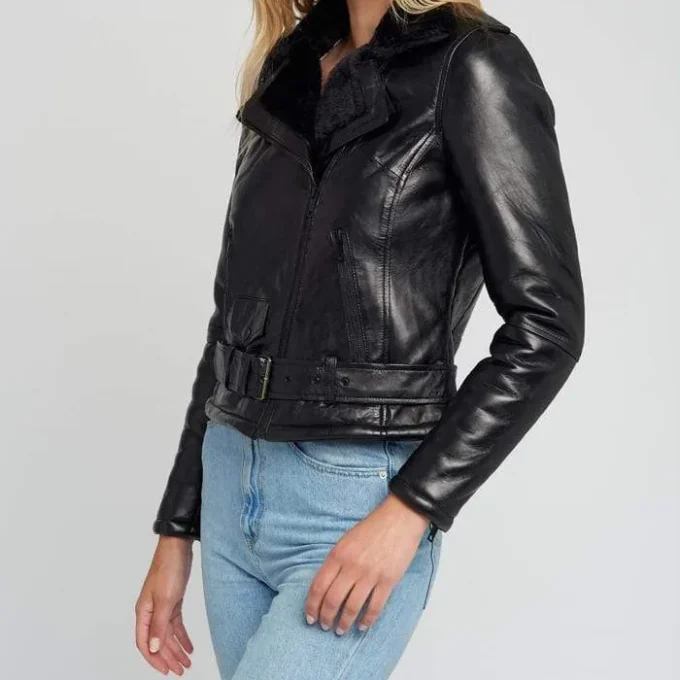 Ave Black Fur Biker Leather Jacket