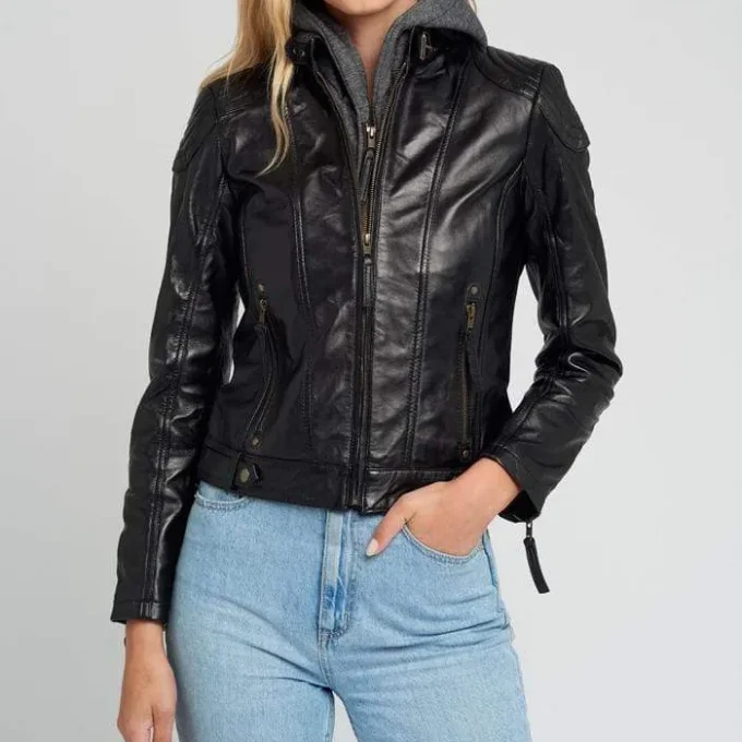 Eliza Black Removable Hooded Leather Jacket