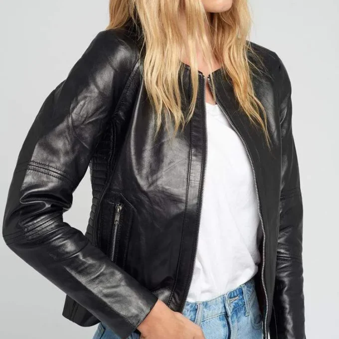 Classic Crew Neck Black Leather Jacket